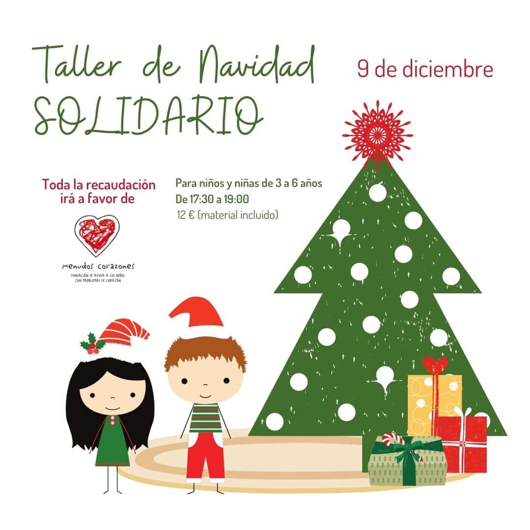 cartel del taller donde aparece la ilustración de un árbol de navidad con dos niños disfrazados con el gorro de Papá nNoel