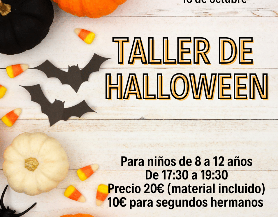 Cartel ambientado en Halloween con información de un taller de manualidades