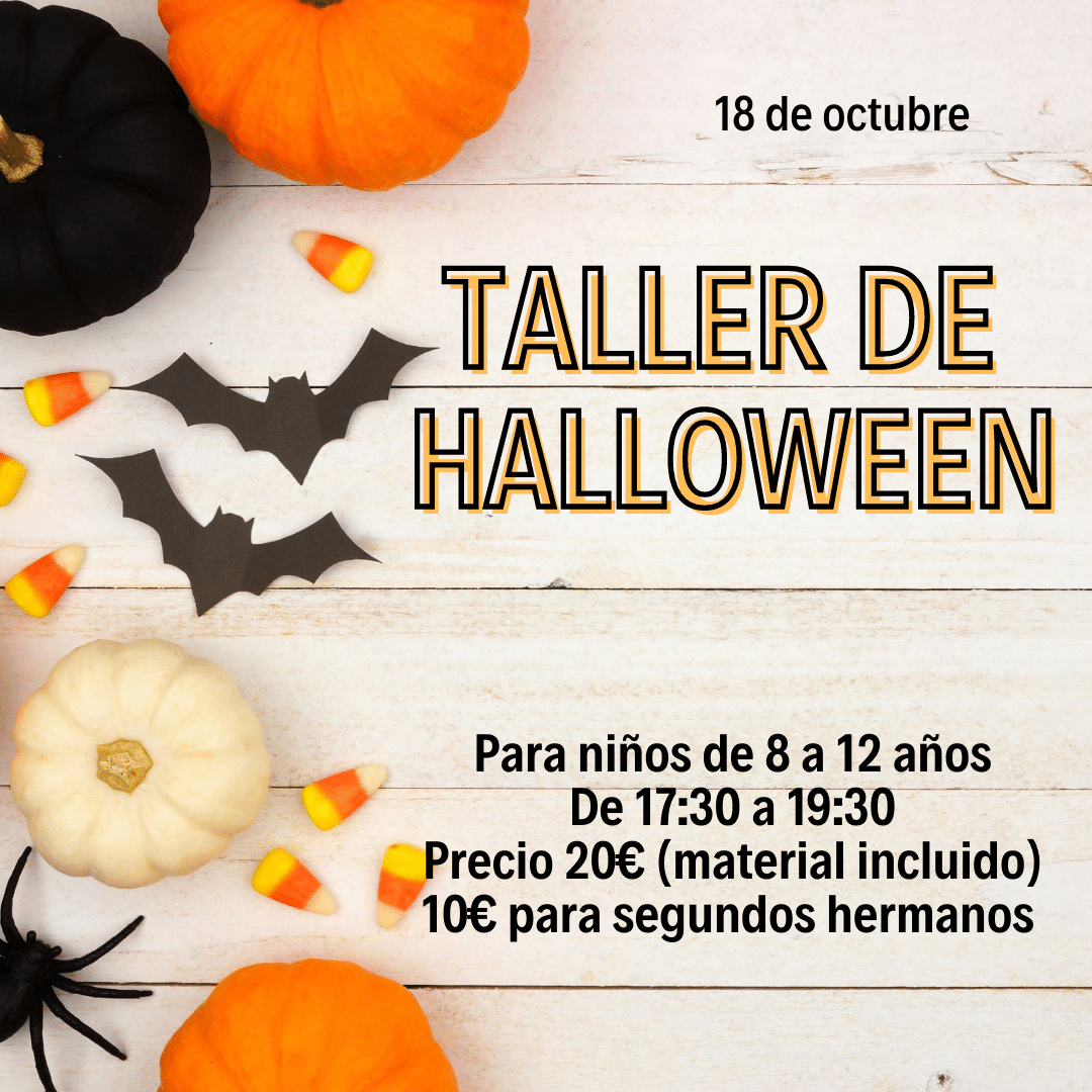 Cartel ambientado en Halloween con información de un taller de manualidades