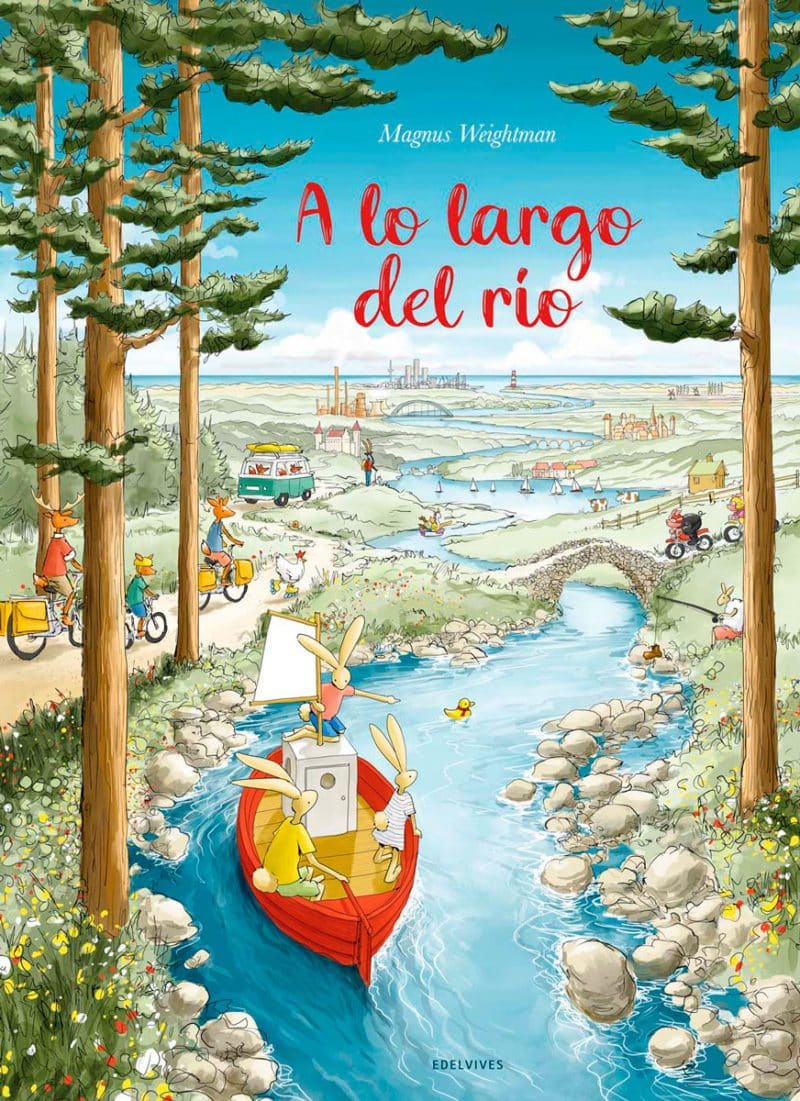 Portada del libro en la que aparece la ilustración de un río en un bosque con personajes alrededor