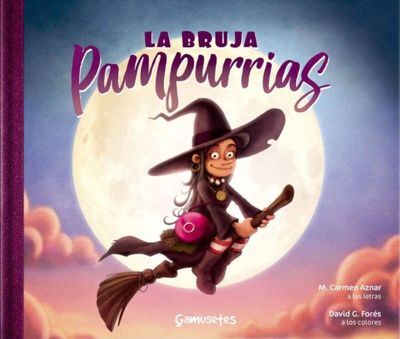 Portada del libro en el que aparece la bruja Pampurrias volando en su escoba