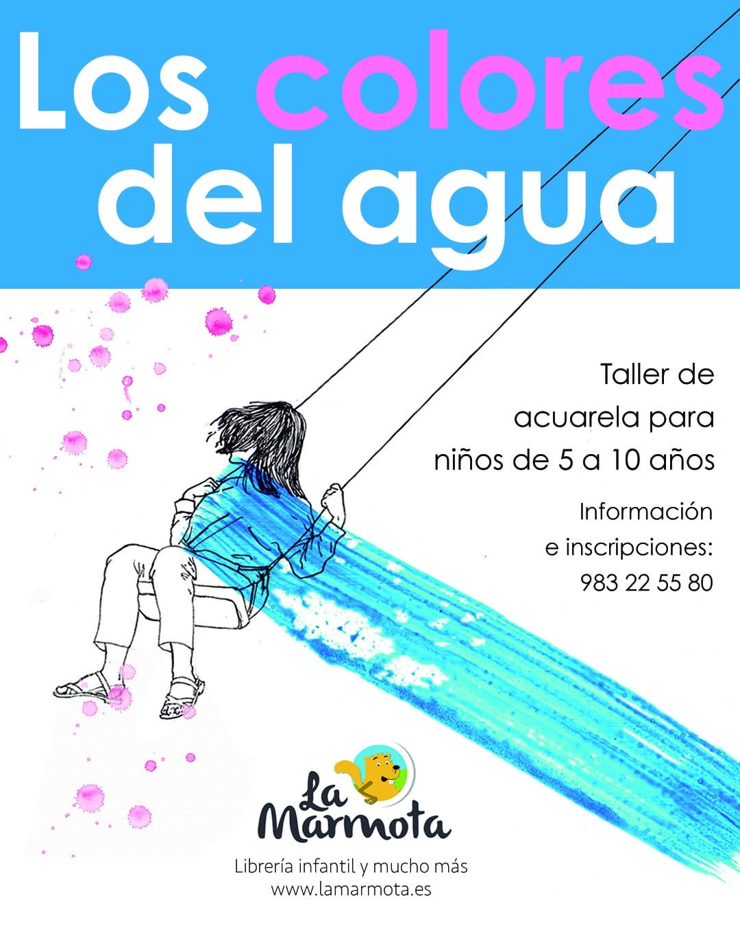 cartel anunciando un taller de pintura en el que aparece una niña en un columpio