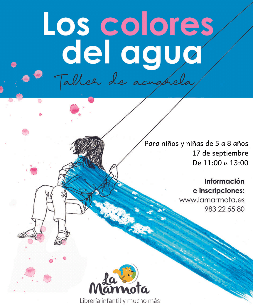 cartel del taller con información y una ilustración de acuarela de una niña en un columpio