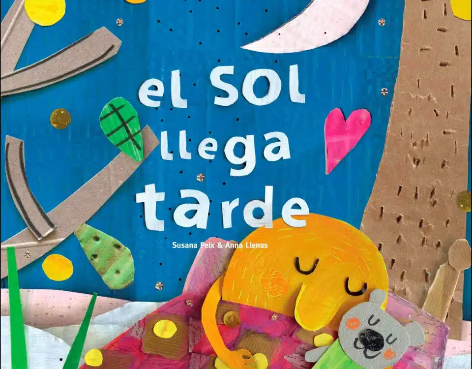 Portada del cuento hecha con la técnica de collage en la que aparece el sol durmiendo en su cama