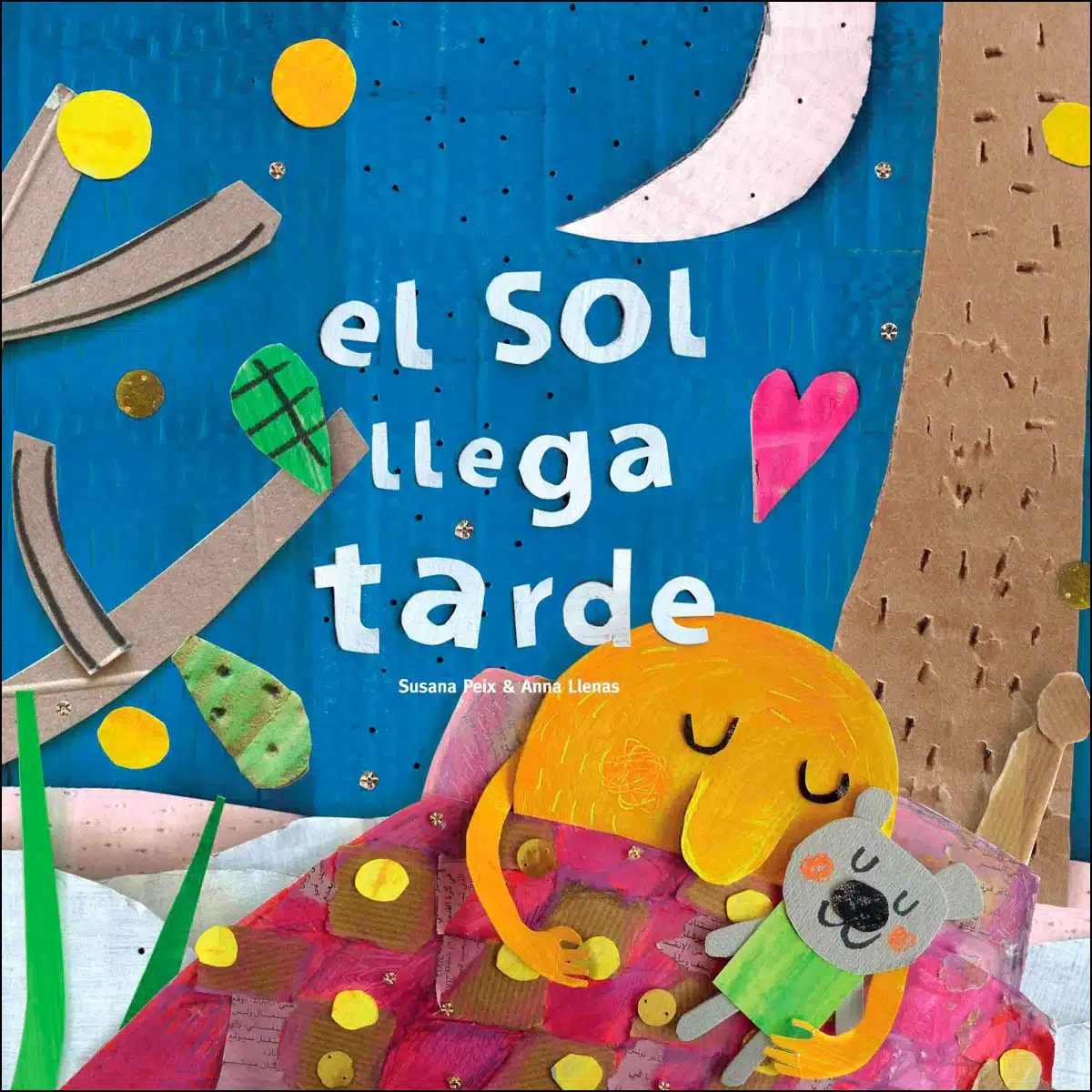 Portada del cuento hecha con la técnica de collage en la que aparece el sol durmiendo en su cama