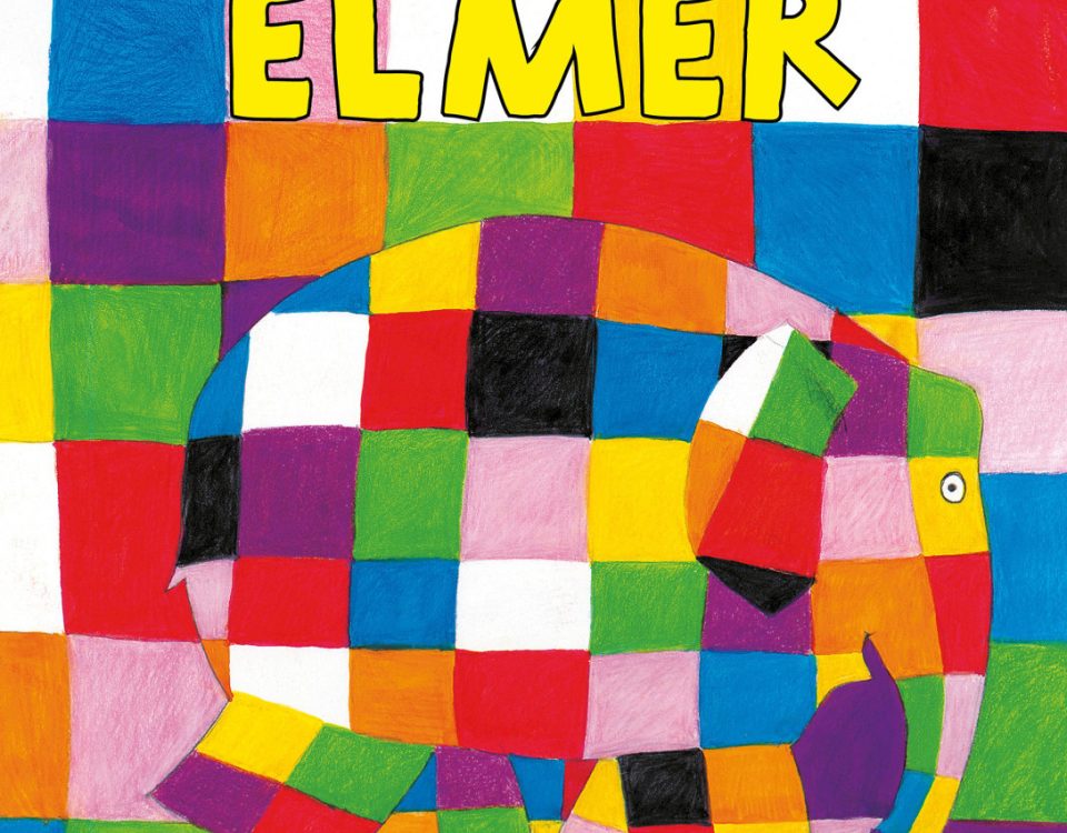 Portada del cuento en la que aparece el elefante multicolor Elmer sobre un fondo también multicolor