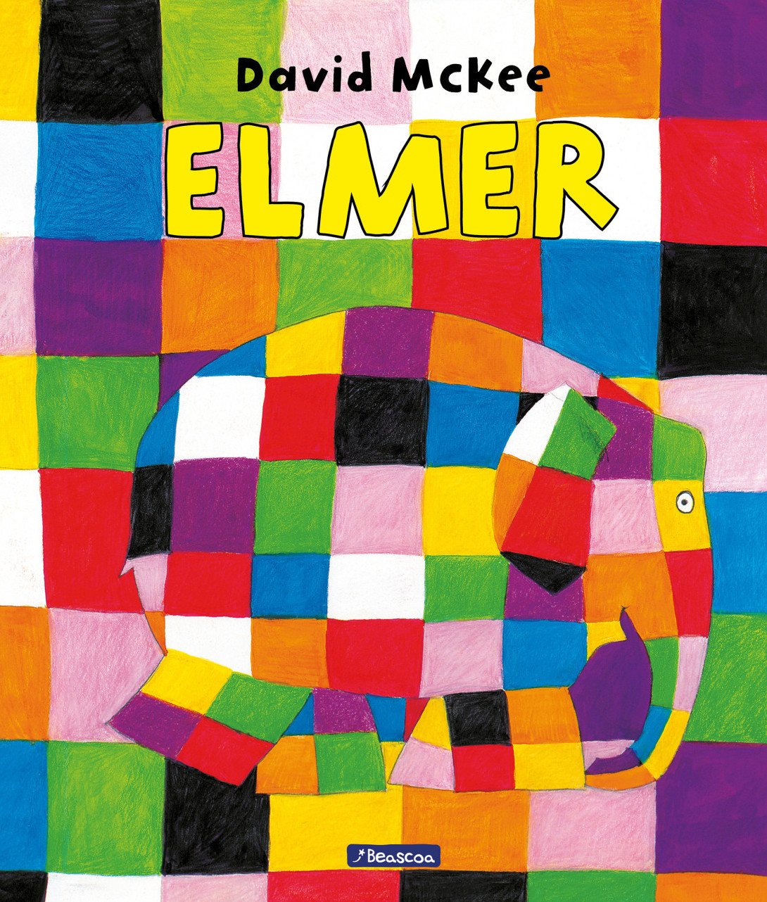 Portada del cuento en la que aparece el elefante multicolor Elmer sobre un fondo también multicolor