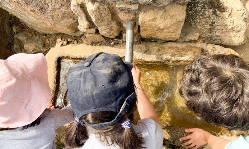 fotografía de los tres peques bebiendo de la fuente