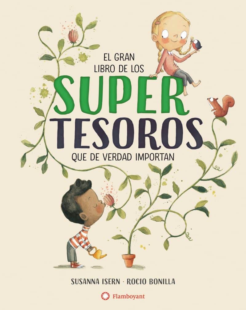 Portada del libro en el que aparece un niño cuidando una planta y una niña con un pájaro en la mano