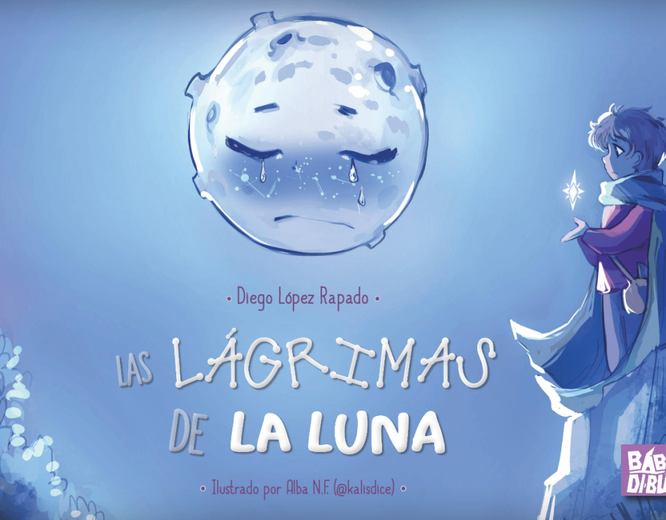 Portada del cuento en la que aparece una luna en grande y un niño sujetando una estrella