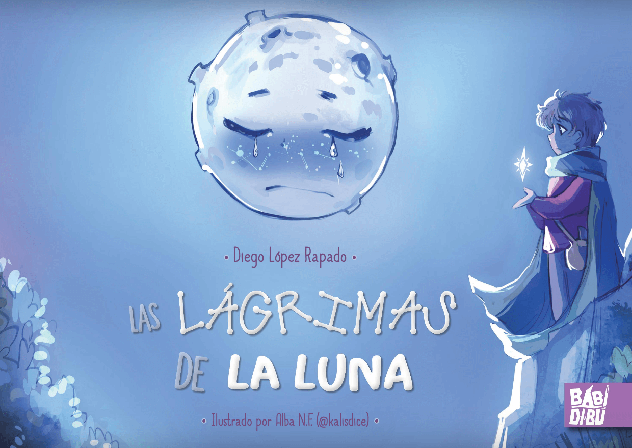 Portada del cuento en la que aparece una luna en grande y un niño sujetando una estrella