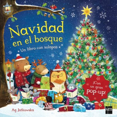 Portada del cuento en la que aparecen distintos animales cantando villancicos al lado de un árbol de navidad