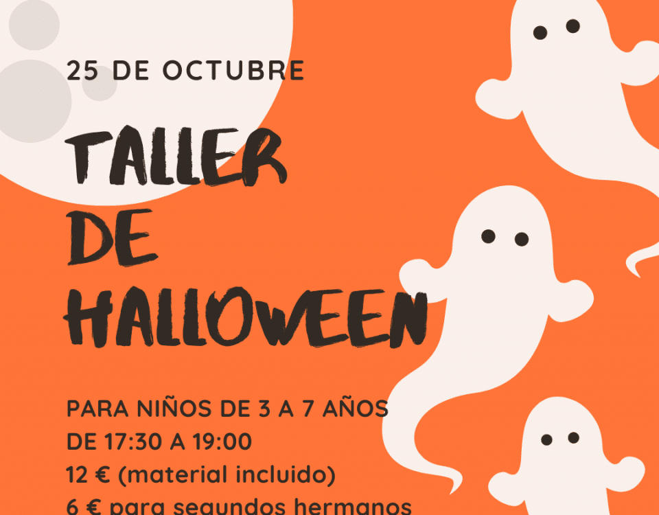 Cartel ambientado en Halloween con información de un taller de manualidades