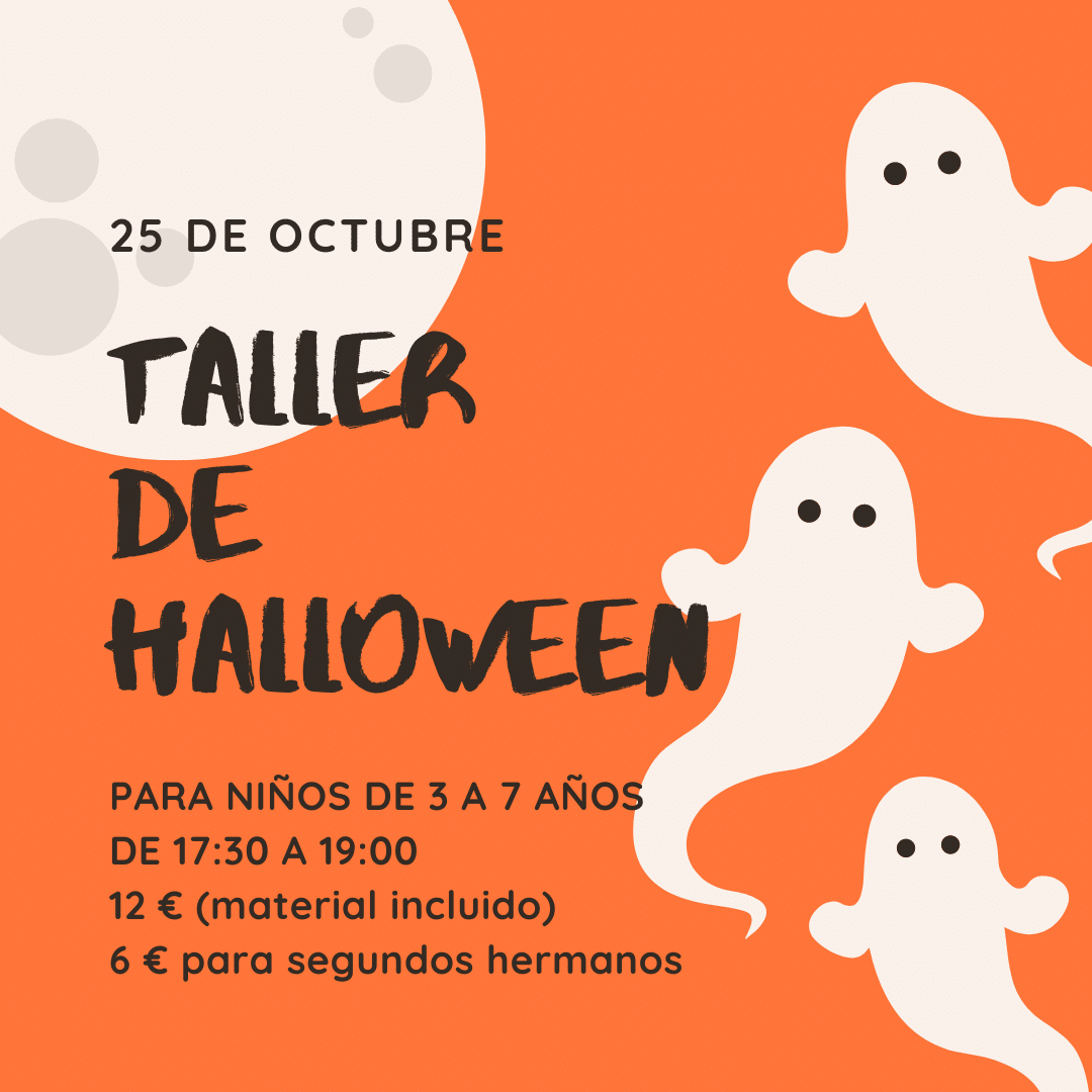 Cartel ambientado en Halloween con información de un taller de manualidades