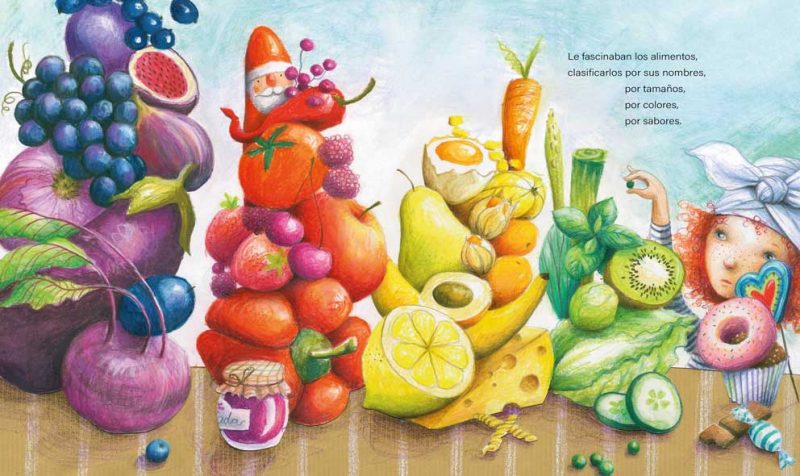 imagen interior del cuento en la que aparecen ilustradas un montón de frutas diferentes