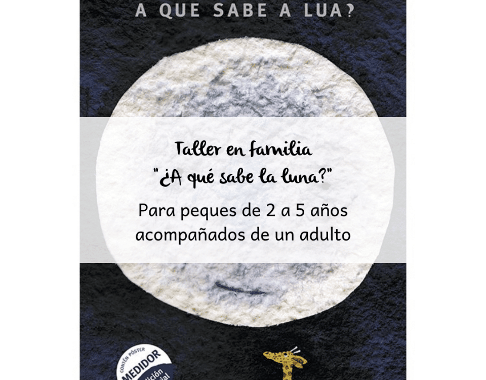 Portada del libro con información del taller. Aparece una luna llena y una jirafa