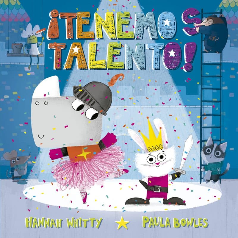 Portada del libro en la que aparecen un rinoceronte disfrazado de bailarina y una conejita disfrazada de caballero.