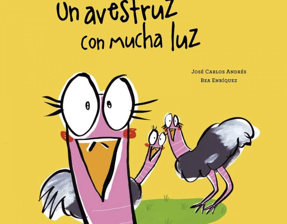 portada del cuento en la que aparecen dos avestruces de fondo y la cara de una tercera avestruz en grande