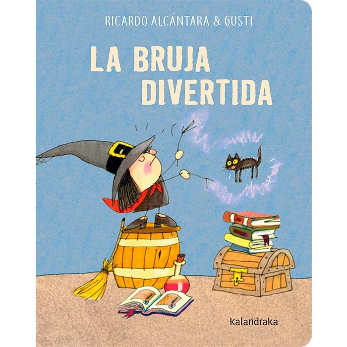 Portada del cuento en la que aparece la ilustración de una bruja subida a un barril haciendo un conjuro a su gato