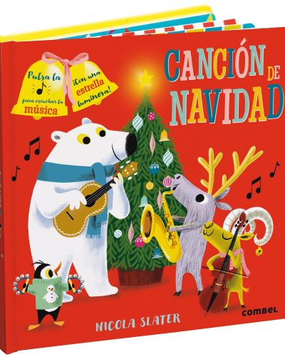 Portada del cuento en la que aparecen ilustrados un montón e animales tocando distintos instrumentos al lado de un árbol de Navidad