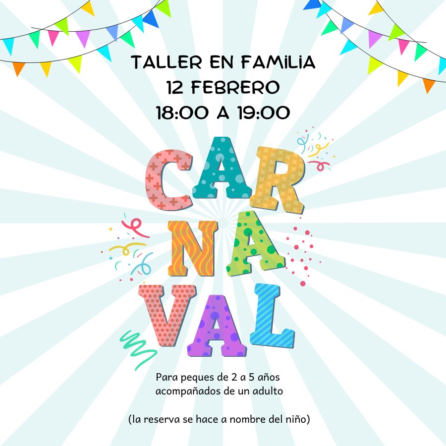 Cartel con información del día y hora del taller de carnaval.