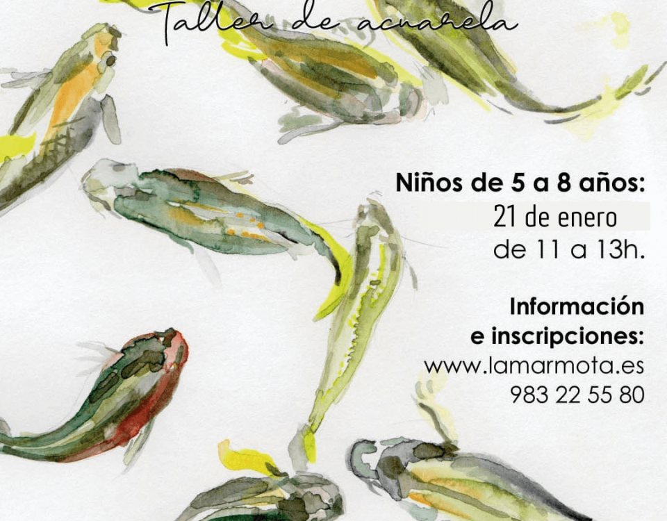 cartel con información del taller en la que aparecen unos peces pintados en acuarela