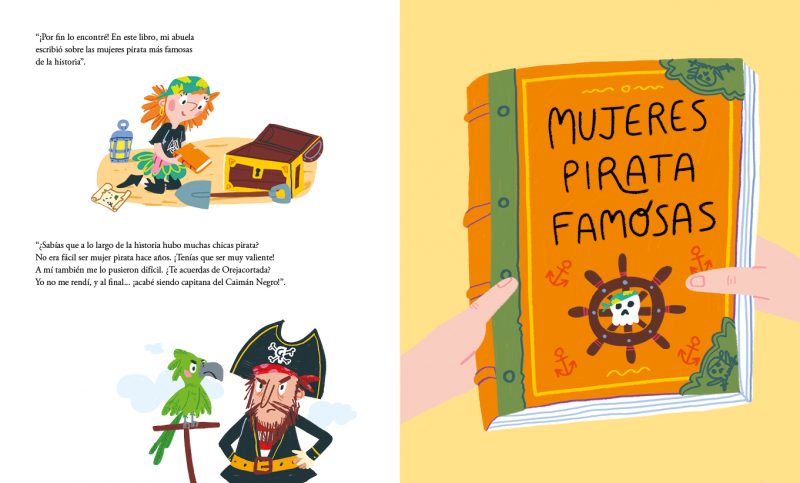 Interior del cuento en el que aparece Daniela y el Capitán y un libro de mujeres pirata famosas