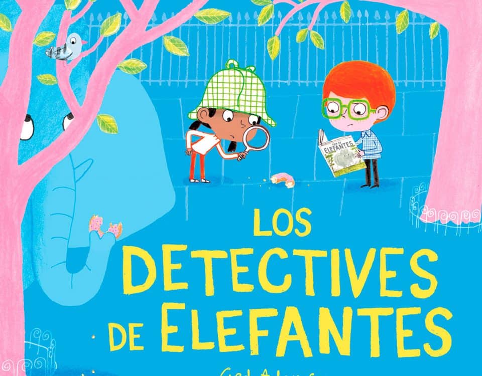 Portada del cuento en el que aparecen ilustrados dos niños con una lupa buscando a un elefante