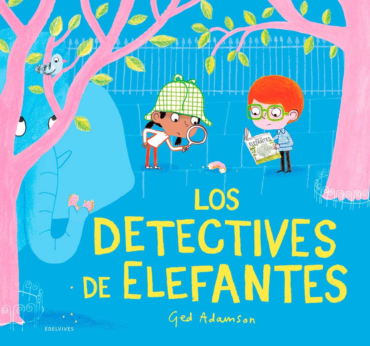 Portada del cuento en el que aparecen ilustrados dos niños con una lupa buscando a un elefante