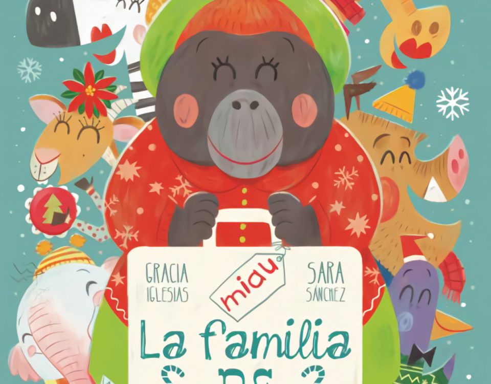 Libros y cuentos ambientados en la Navidad. Portada del cuento en la que aparece la orangutana Basilia en primer plano y detrás de ella un montón de amigos.