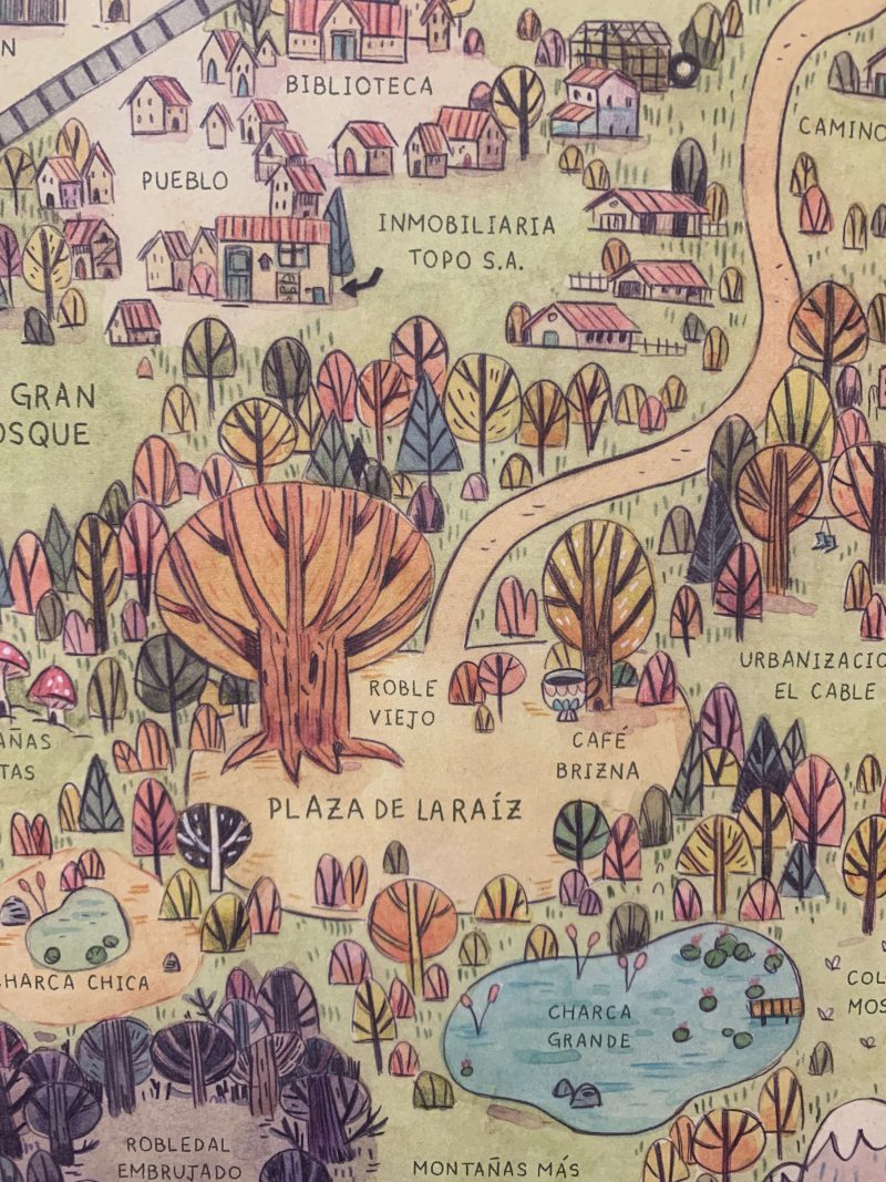 interior del libro en el que aparece la ilustración del mapa del bosque