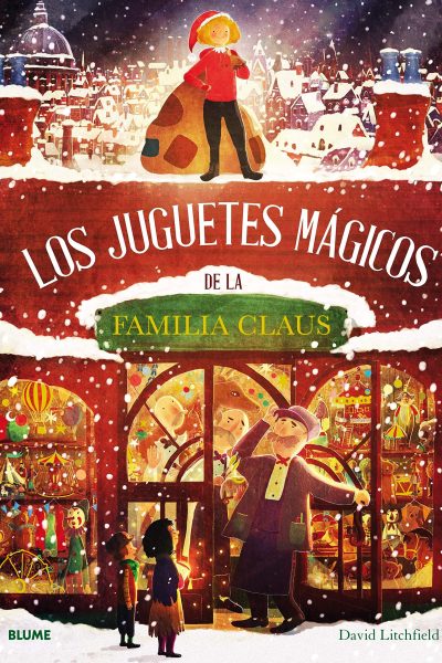 Libros y cuentos ambientados en la Navidad. Portada del libro en la que aparece una tienda de juguetes en una imagen navideña