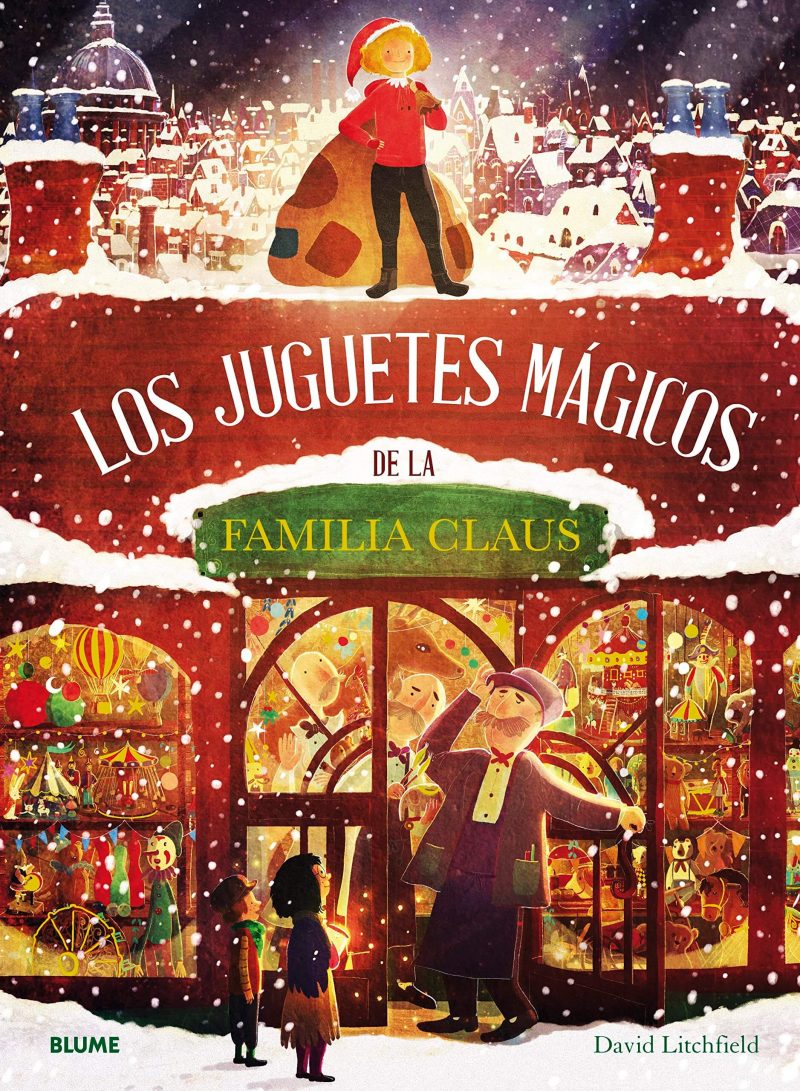 Libros y cuentos ambientados en la Navidad. Portada del libro en la que aparece una tienda de juguetes en una imagen navideña