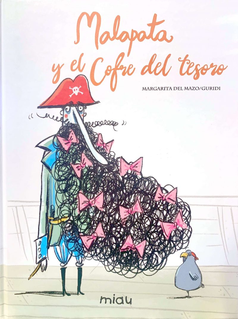 Portada del cuento en la que aparece dibujado el pirata Malapata con un montón de lazos rosas en su enorme barba