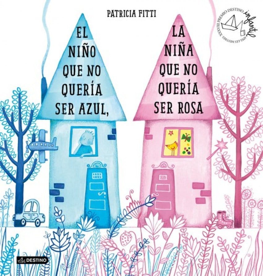 Portada del cuento en el que aparecen dos casas. Una pintada de azul, con un niño y otra pintada de rosa.