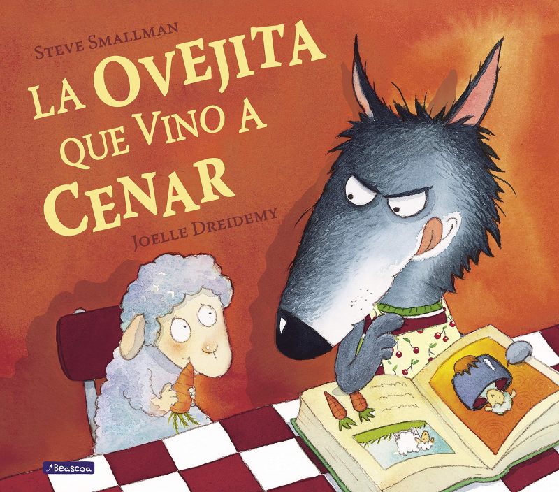 Portada del cuento en la que aparecen una ovejita y un lobo mirando un libro de recetas