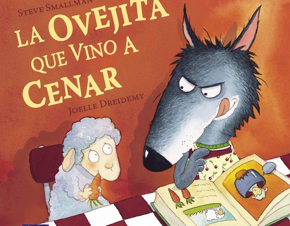 Portada del cuento en la que aparecen una ovejita y un lobo mirando un libro de recetas