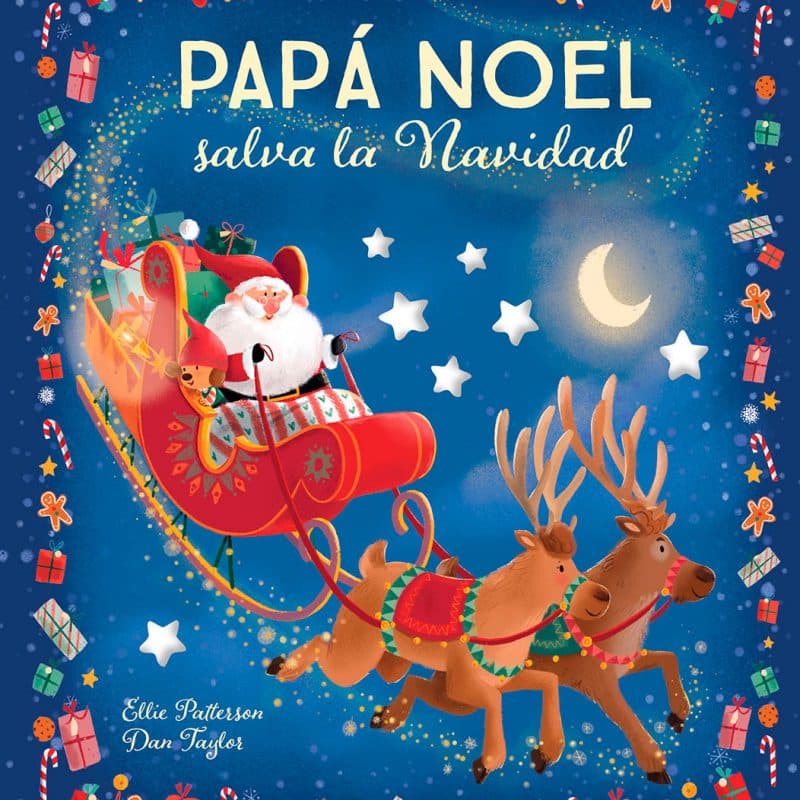 Libros y cuentos ambientados en la Navidad. Portada del libro en la que aparece papá noel montado en su trineo