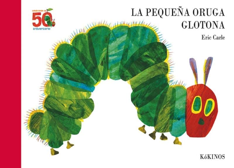 Portada del cuento en la que aparece la pequeña oruga glotona.