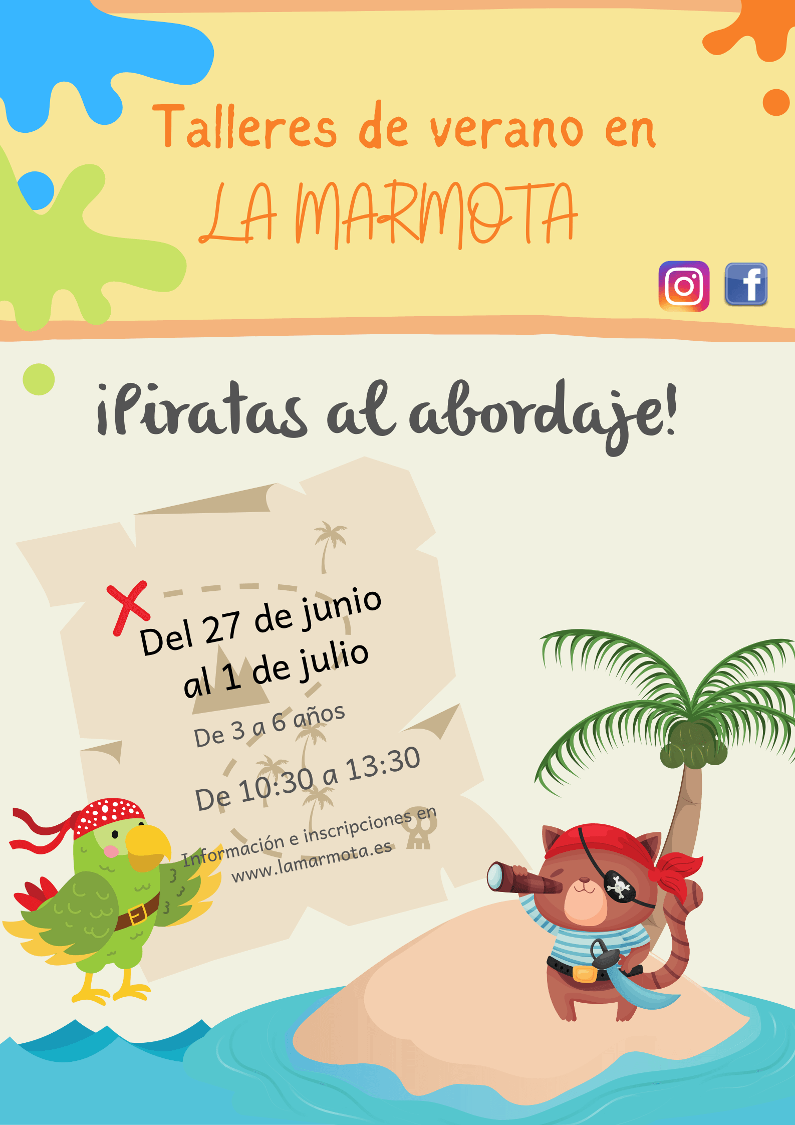 cartel con información de los talleres en el que aparecen los dibujos de un pirata y un loro