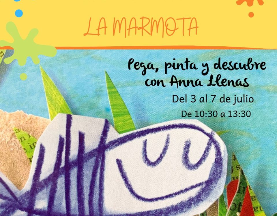 Cartel con información del taller con una ilustración de Anna Llenas de fondo