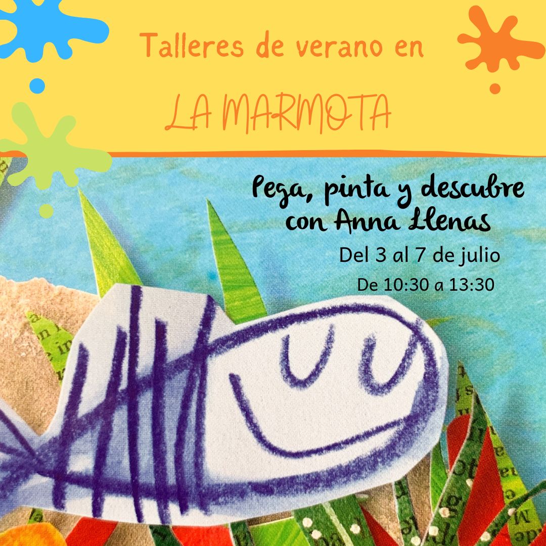 Cartel con información del taller con una ilustración de Anna Llenas de fondo